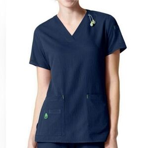 Carhartt Force Scrub Fitted Top. Dark Blue with Green Accents. Size L.